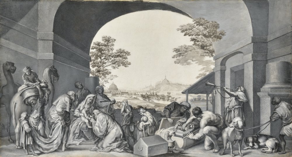 Scène de l’Adoration des Mages sous une voûte découvrant un paysage italianisant