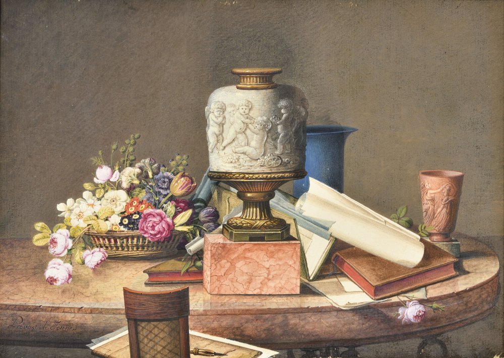 Nature morte à la corbeille de fleurs, vase et ouvrages sur un guéridon