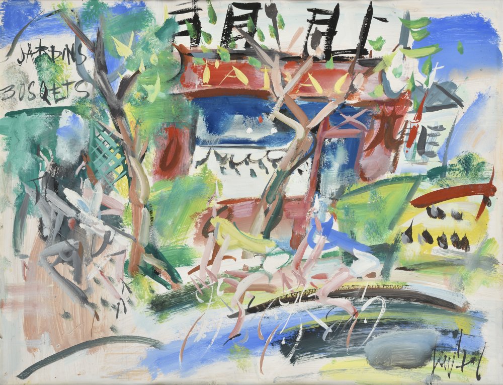 Cyclistes devant jardin et bosquet