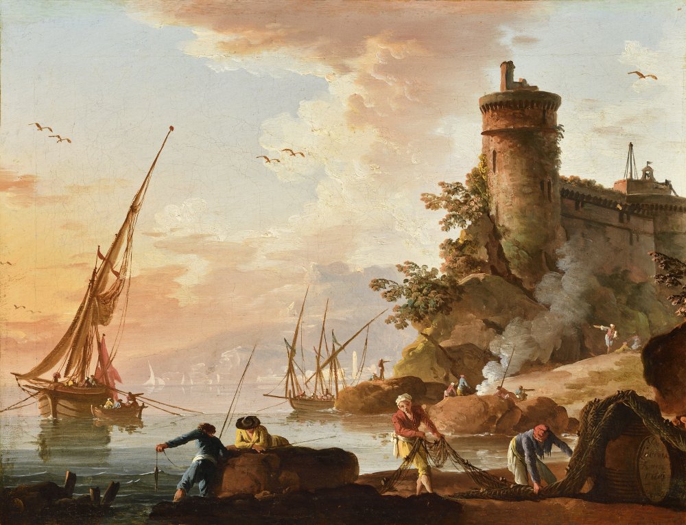 View of a Mediterranean Port at Sunset, with Fishermen in the Foreground and (…)