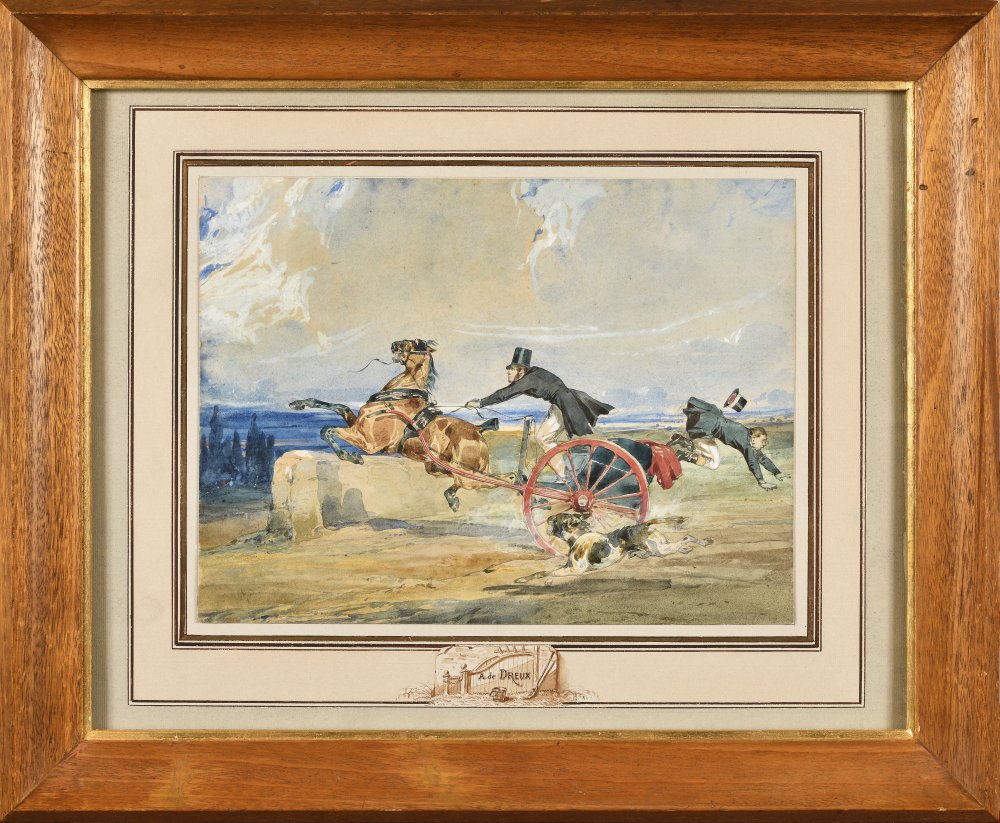 Horse-drawn carriage galloping away, a dog, and two riders