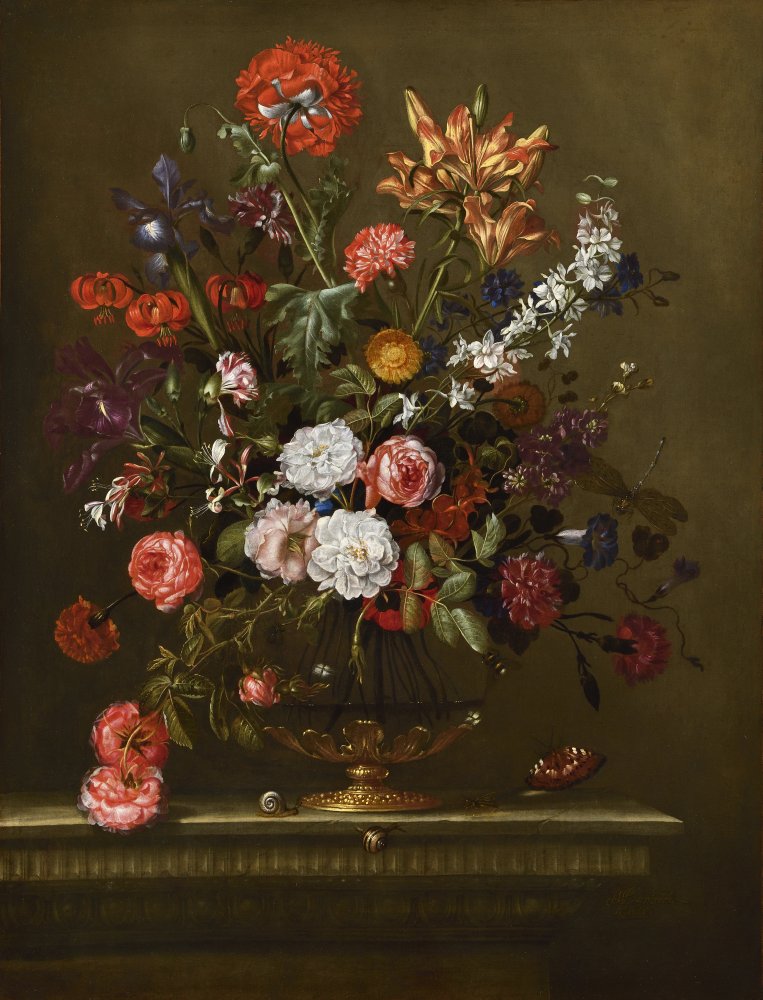 Vase de roses, pivoines, lys, liserons et iris sur un entablement de pierre