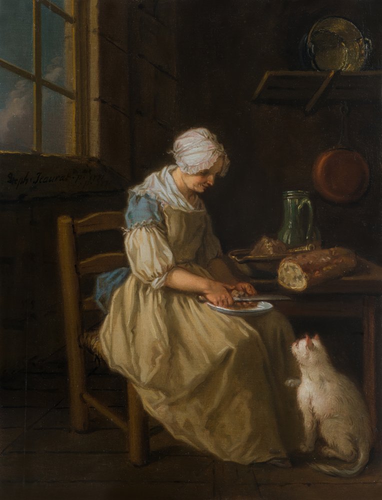 Young Woman Feeding Morsels to Her Dog in an Interior ; The Cat’s Mealtime&nbsp;(…)