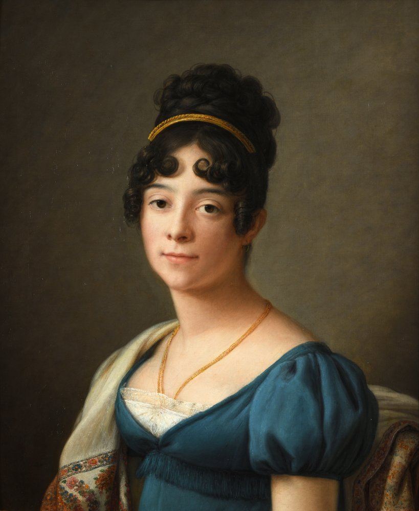 Portrait d’une femme à la robe bleue et au châle de cachemire