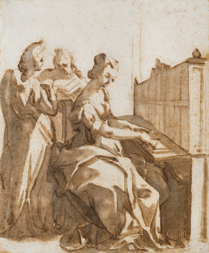 Sainte Cécile entourée de deux anges musiciens
