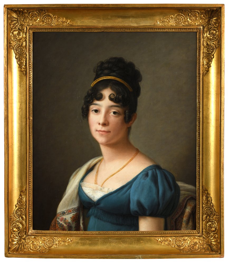 Portrait d’une femme à la robe bleue et au châle de cachemire